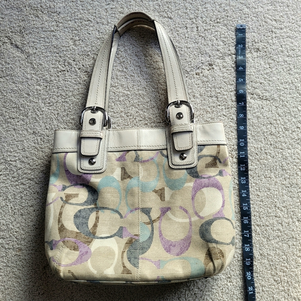 Coach Soho Linen Op Art Tote #16591 White Leather Purple Satin Interior - Picture 5 of 14